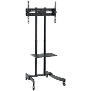 Black multimedia cart with a flat panel mount, adjustable height, sturdy metal frame, and a lower shelf, featuring four caster wheels for easy mobility.