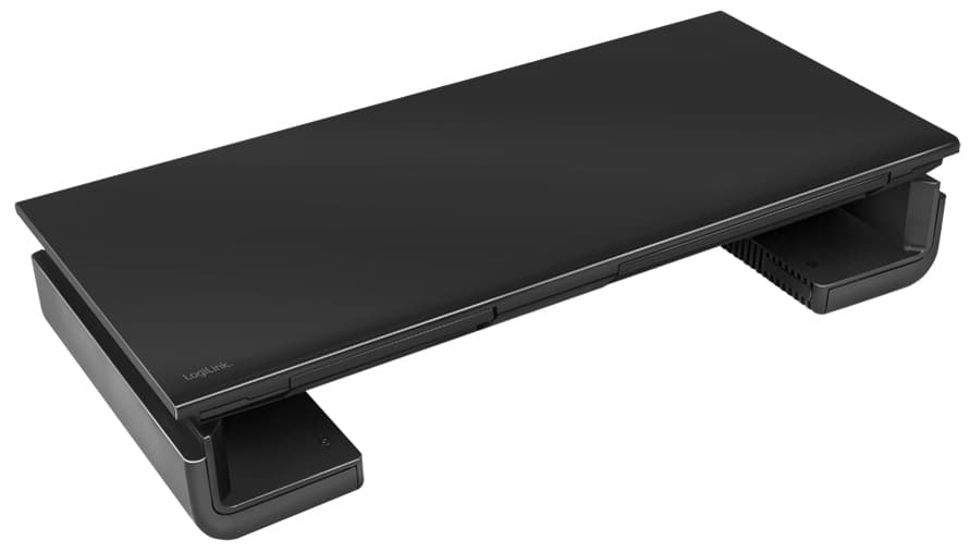 Black LogiLink BP0140 multimedia stand featuring a sleek design, sturdy surface, and side compartments for storage, suitable for various multimedia devices.