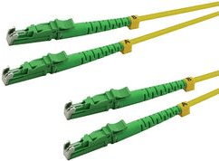 Yellow LogiLink FP0EL02 InfiniBand/fibre optic cable, 2 meters long, featuring E-2000 (LSH) and LC connectors with green protective boots on both ends.