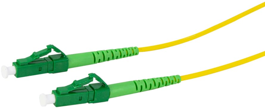 LogiLink FPSLC20 InfiniBand/fibre optic cable, 20 meters long, featuring green LC connectors and a bright yellow fiber optic cable.