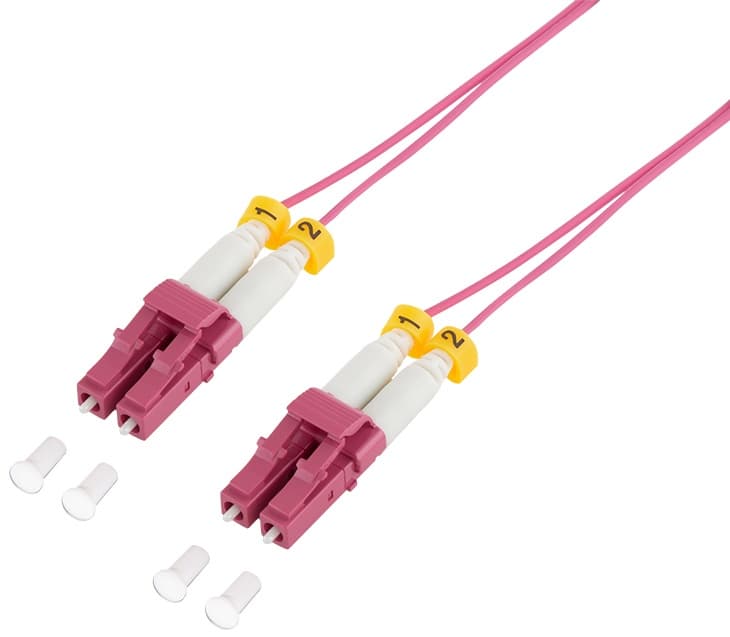 Violet LogiLink FS4LC03 InfiniBand/fibre optic cable, 3 meters long, featuring two LC/UPC connectors with yellow clips and three protective caps.