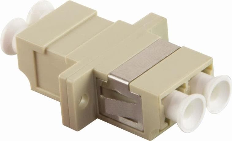 Beige LogiLink LC/LC fibre optic adapter with two circular ports, a metal connector in the middle, and a compact rectangular design for seamless fibre connections.