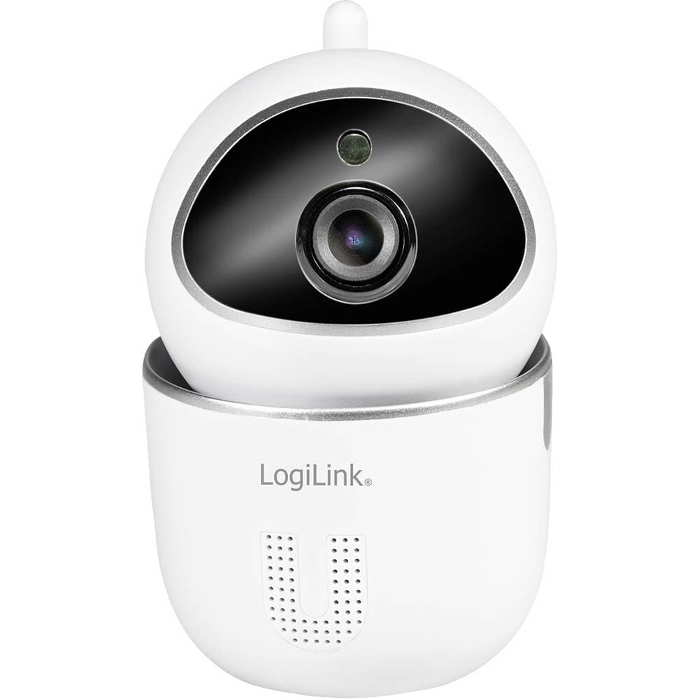 White security camera bulb with a sleek design, featuring a black lens and a small green indicator light, labeled with "LogiLink" on the base.