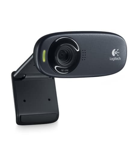 Logitech C310 HD webcam in black with a built-in clip for easy attachment, featuring a round lens and a green indicator light for active use.