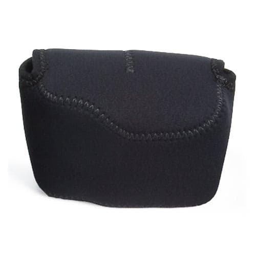 Black neoprene pouch with stitched edges, designed to protect compact cameras, featuring a soft, cushioned exterior for added durability and a snug fit.