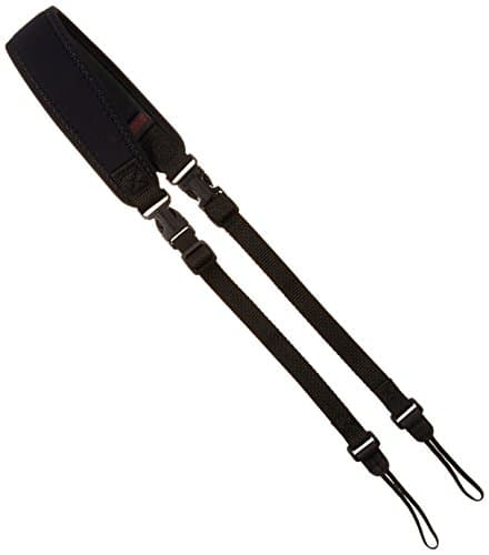 Black OpTech Super Classic Strap Pro Loop made of durable nylon with a padded shoulder section and adjustable loops for secure attachment to cameras.