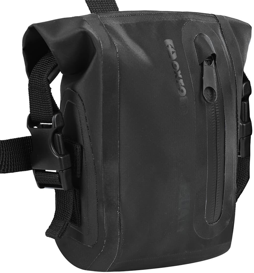 Black waterproof leg bag by Oxford, featuring a sleek design, adjustable straps, and a zippered pocket for secure storage, ideal for outdoor activities.