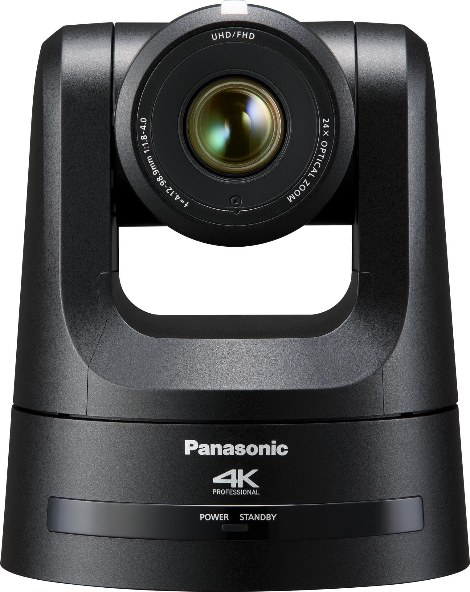 Panasonic AW-UE100KEJ video conferencing camera in black, featuring a sleek design, 4K resolution, and a prominent lens with a wide aperture for high-quality video.