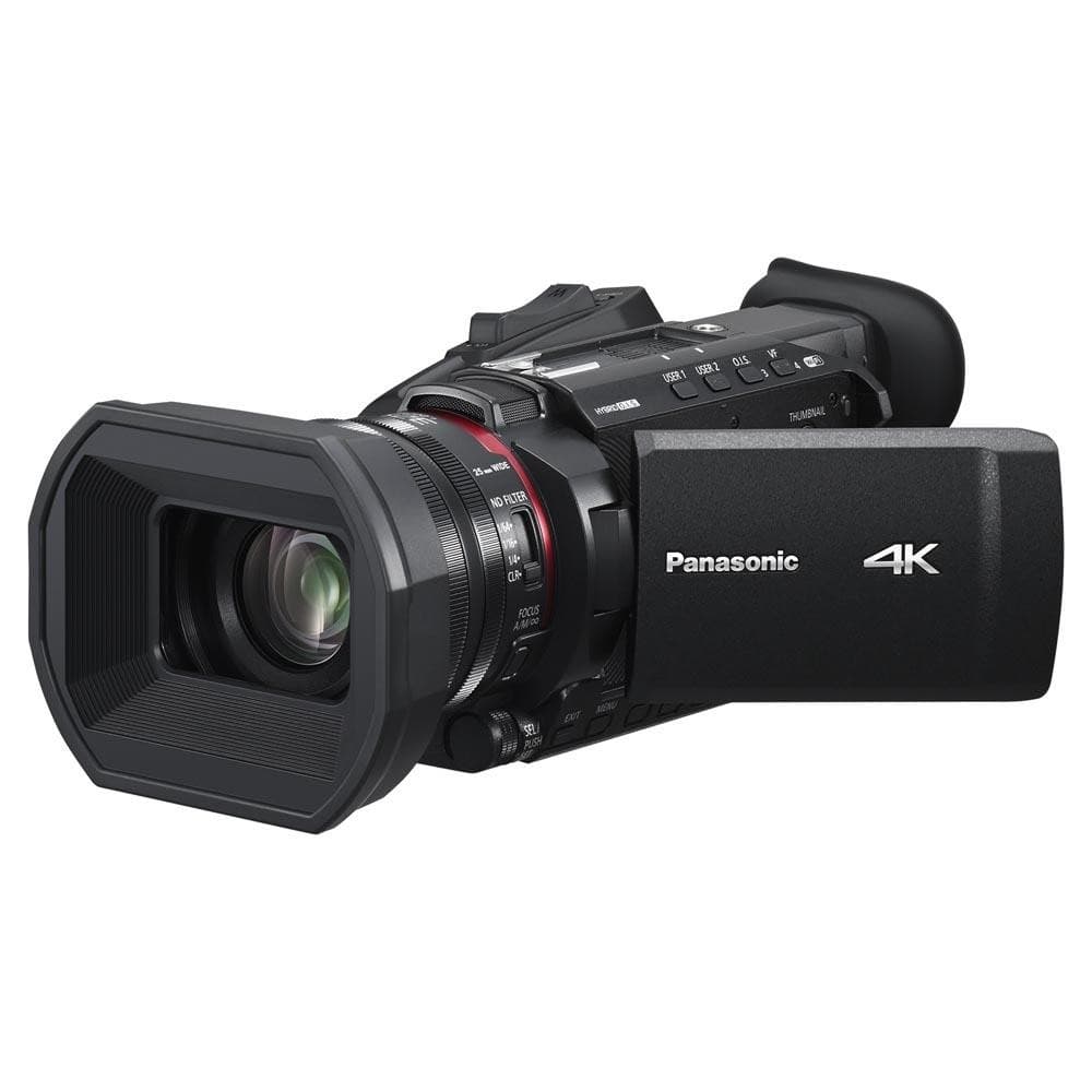 Panasonic HC-X1600 handheld camcorder in black with a sleek design, featuring an 8.29 MP MOS sensor and 4K Ultra HD capabilities, highlighted by a prominent lens and ergonomic grip.