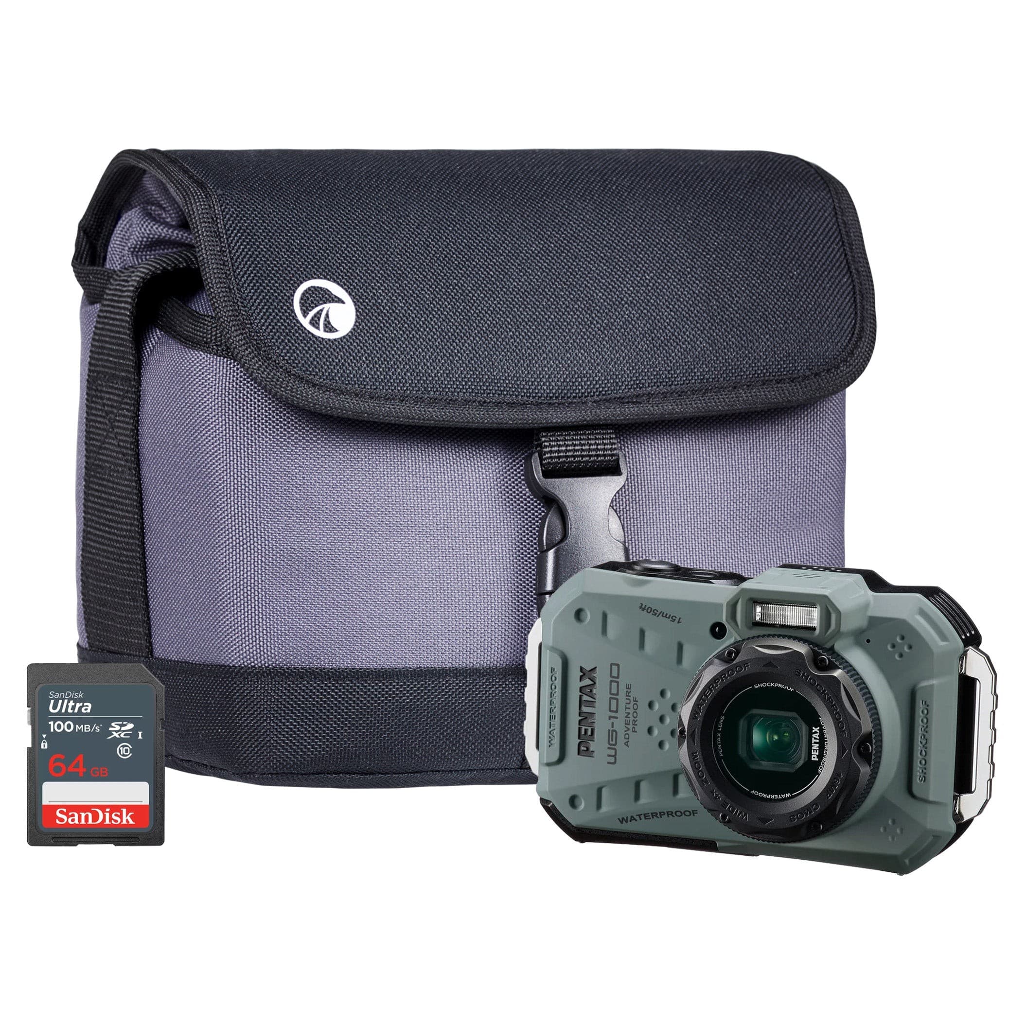 Olive green Pentax WG-1000 tough compact camera with 16MP and 4x zoom, accompanied by a black and gray camera bag and a SanDisk 64GB memory card.