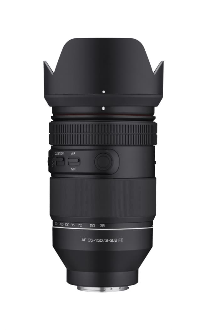 Black Samyang AF 35-150mm F2-2.8 FE lens with a matte finish, featuring a zoom ring, focus switch, and a petal-shaped lens hood.