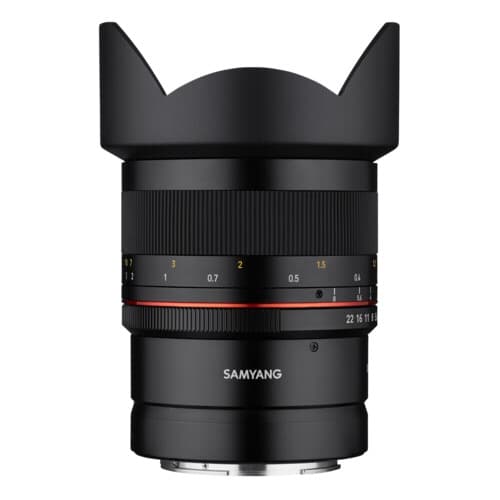 Black Samyang MF 14mm F2.8 Z MILC wide lens featuring a metal body, prominent hood, and distinct yellow and red markings on the focus and aperture rings.