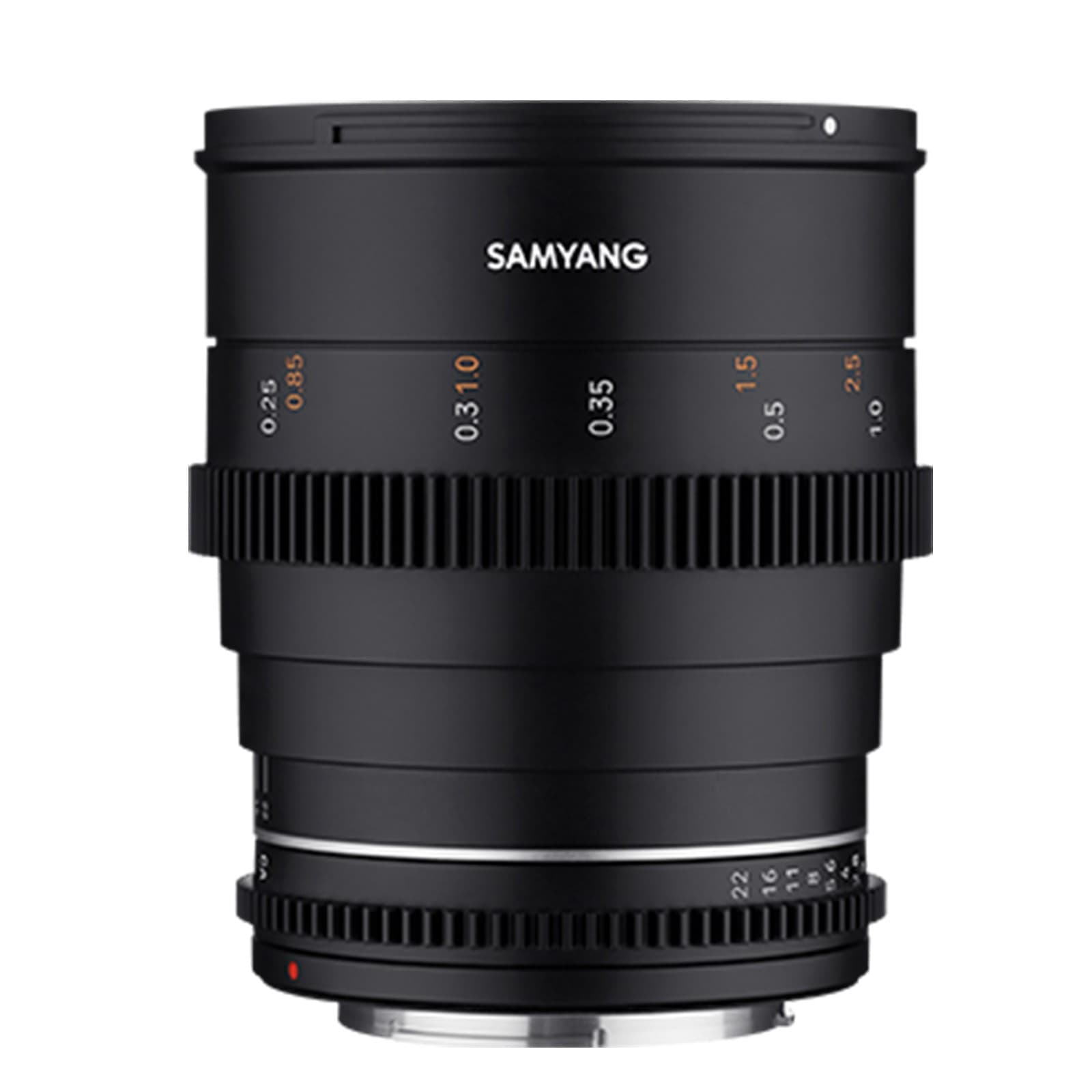 Black Samyang VDSLR 135mm T2.2 MK2 RF lens featuring a smooth focus ring, marked distance scales, and a robust metal build for durability.