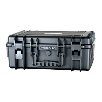 Black hard case with reinforced corners, featuring a secure latch and handle, designed to hold up to 5 XEEN CF cinema lenses, labeled with "XEEN CF" on the front.