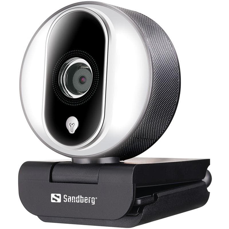 Round, silver webcam with a black front panel and lens, featuring a textured gray body and a sturdy black clip for mounting on monitors or laptops.
