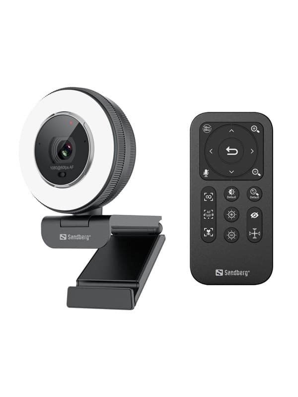 Black and silver Sandberg Streamer USB Webcam Pro Elite with a circular lens and adjustable clamp, accompanied by a black remote control featuring various function buttons.