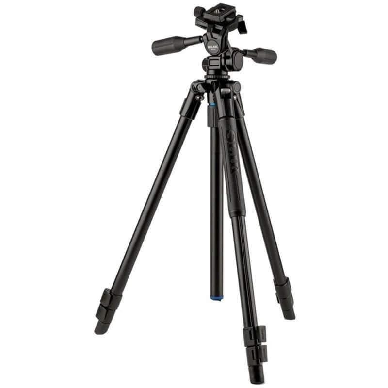 Black aluminum tripod with adjustable legs, rubber feet, and a three-way pan head, featuring ergonomic handles for easy positioning and stability.