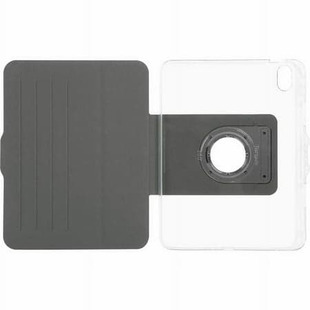 Clear, flexible case for iPad (10th Gen.) featuring a gray folio cover with card slots and a rotating stand for versatile viewing angles.