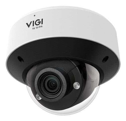 White and black dome IP security camera with a glass dome, featuring a lens at the center, labeled "VIGI by TP-Link," designed for outdoor use, with high-resolution capability.
