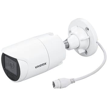 White bullet-style IP security camera with a sleek design, featuring a lens at the front, a black faceplate, and a white mounting bracket with a cable connector.