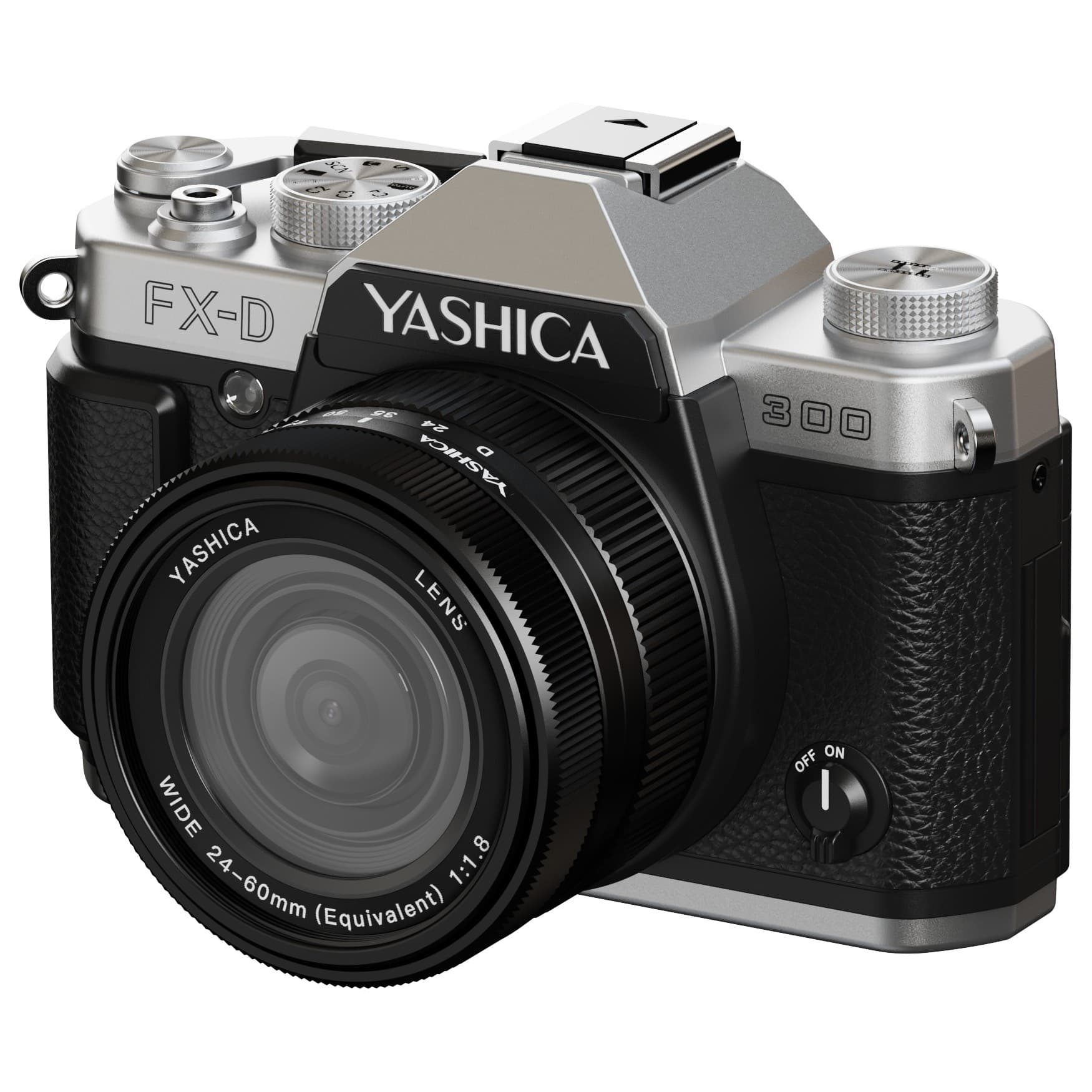 Silver and black YASHICA FX-D 300 digital film simulation camera with a 50MP lens, featuring a textured grip, multiple dials, and a wide 24-60mm lens.