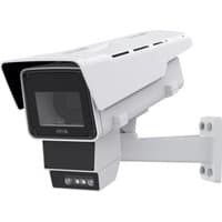White Axis Q1686-DLE security camera with rectangular lens, sunshield, and wall mount bracket.