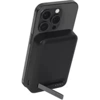 Black Belkin BoostCharge Pro wireless charger with a sleek design, supporting a smartphone vertically.