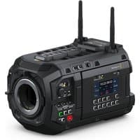 Black Blackmagic Design URSA Cine 12K LF camcorder with dual antennas, control panel, and lens mount.