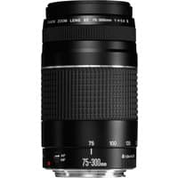 Black Canon EF 75-300mm f/4-5.6 III telephoto lens with textured zoom ring and silver mount.