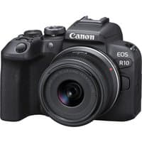 Canon EOS R10 mirrorless camera with black body, RF-S 18-45mm lens, textured grip, and prominent Canon logo.