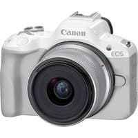 White Canon EOS R50 mirrorless camera with RF-S 18-45mm lens, compact design, and prominent grip.