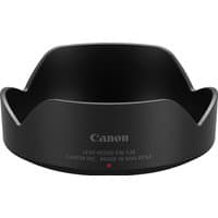 Black Canon EW-53B lens hood for RF-S 10-18mm, semi-circular shape with cutouts, Canon branding on front.