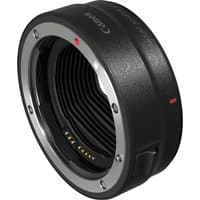 Black Canon Mount Adapter EF-EOS R with metallic ring and electronic contacts, textured grip surface.