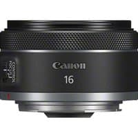 Black Canon RF 16mm f2.8 STM ultra-wide lens with textured focus ring and silver mount.
