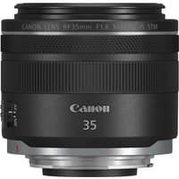 Black Canon RF 35mm F1.8 IS Macro STM lens with textured focus ring and silver mount.