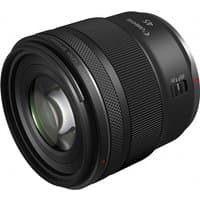 Black Canon RF 45mm F1.2 STM full-frame lens with textured focus ring and red accent.