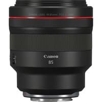 Black Canon RF 85mm F1.2L USM lens with red ring, wide aperture, and silver mount.