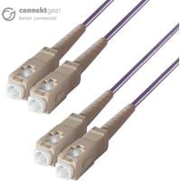 Beige connektgear 1m duplex fibre optic cable with purple sheath and LC connectors.