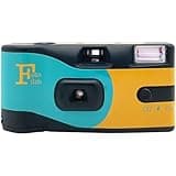 Disposable camera with teal and yellow design, 27 exposure, built-in flash, and FotoFilm logo.