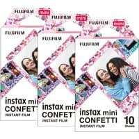 Fujifilm Instax Mini Confetti Instant Photo Film, pack of 30, colorful confetti border design on packaging.