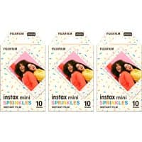 Fujifilm Instax Mini Sprinkles film pack, colorful sprinkle design, 30 sheets, for instant cameras.