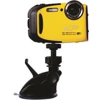 Black Fujifilm camera bracket with adjustable arm holding a yellow camera, mounted on a suction cup base.