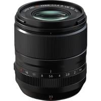Black Fujifilm XF33mm F1.4 R LM WR lens with ribbed focus ring and aperture markings on barrel.