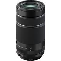 Black Fujifilm XF70-300MM lens with zoom markings, textured focus ring, and weather-resistant design.