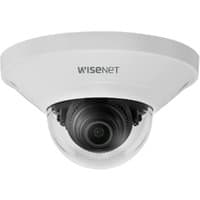 White Hanwha QND-6021 dome IP security camera with clear lens cover and compact design for indoor use.