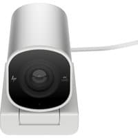 HP 960 4K Streaming Webcam, silver cylindrical body, black lens, USB cable attached