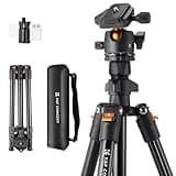 Black K&F CONCEPT 64-inch aluminum tripod with ball head, phone holder, and carrying case, designed for DSLR cameras.