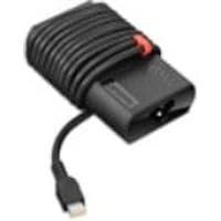 Black Lenovo 65W power adapter with coiled cable and USB-C connector, compact rectangular design.