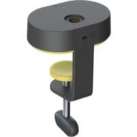 Black and yellow Logitech webcam mount with circular top, adjustable clamp, and USB port.