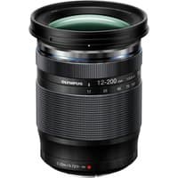 Black Olympus M.Zuiko 12-200mm zoom lens with textured grip and focal length markings.